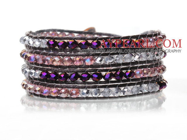 Lovely Multilayer 4mm Mixed Color Manmade Crystal And Hand Knotted Brown Leather Wrap Bracelet
