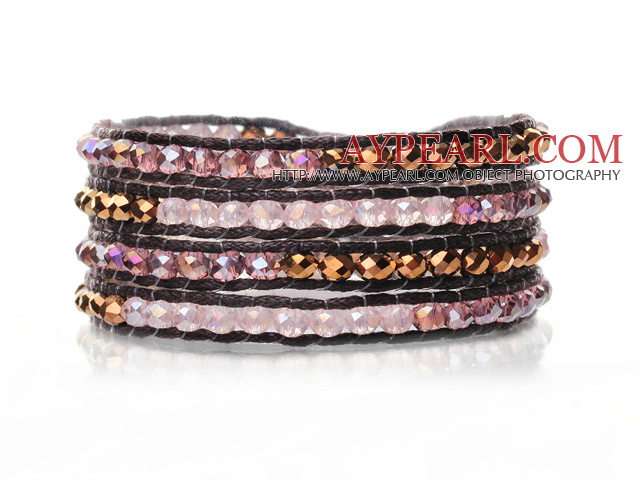 Nydelig multi 4mm Mixed Color Menneskeskapt krystall og håndknyttet Brown Leather Wrap Bracelet