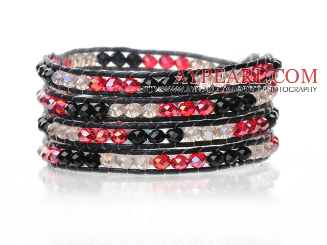 Lovely Multilayer 4mm Mixed Color Manmade Crystal And Hand Knotted Black Leather Wrap Bracelet