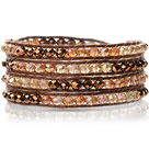 Lovely Multilayer 4mm Golden Yellow Series Crystal And Hand Knotted Brown Leather Wrap Bracelet