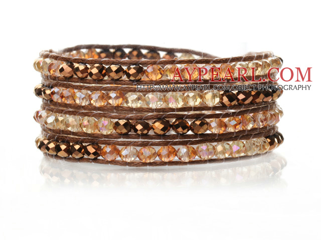 Schöne Multilayer 4mm Golden Yellow Series Kristall und Hand geknotete Brown Leather Wrap Bracelet