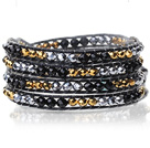 Lovely Multilayer 4mm Mixed Color Crystal And Hand Knotted Black Leather Wrap Bracelet