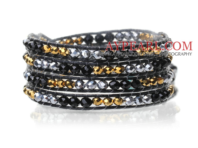 Lovely Multilayer 4mm Mixed Color Crystal And Hand Knotted Black Leather Wrap Bracelet