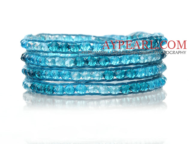 Lovely Multilayer 4mm Blue Series Manmade Crystal And Hand Knotted Blue Leather Wrap Bracelet