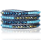 Lovely Multilayer 4mm Mixed Color Manmade Crystal And Hand Knotted Blue Leather Wrap Bracelet