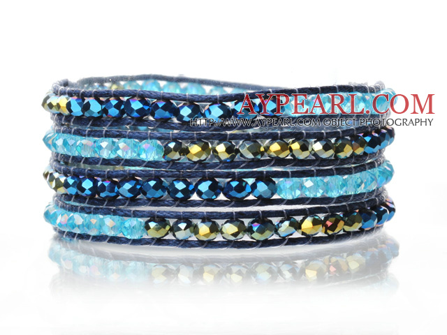 Lovely Multilayer 4mm Mixed Color Manmade Crystal And Hand Knotted Blue Leather Wrap Bracelet