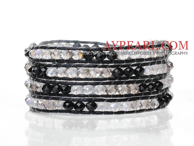 Härlig Multilayer 4mm Mixed Color Konstgjort Crystal And Handknuten Black Leather Wrap Bracelet