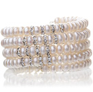 Nätt Multilayer Natural 6 - 7mm Vit Sötvatten Pearl pärlstav Wrap armband med Silver Rhinestone Charms