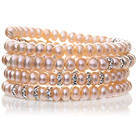 Pretty Multilayer Natural 6-7mm Pink Freshwater Pearl Beaded Wrap Bracelet With Silver Rhinestone Charms