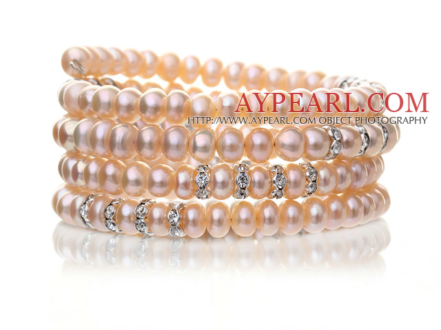 Pretty Multilayer Natural 6-7mm Pink Freshwater Pearl Beaded Wrap Bracelet With Silver Rhinestone Charms