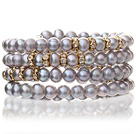 Pretty Multilayer Natural 5 - 6mm Silver Gray Sötvatten Pearl pärlstav Wrap armband med guld Rhinestone Charms