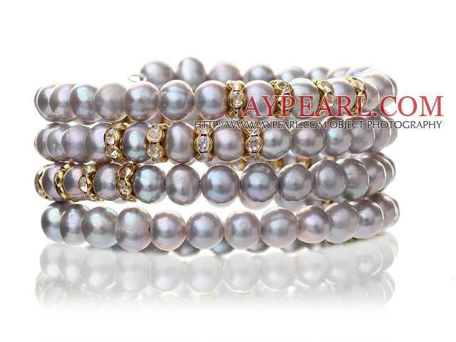 Pretty Multilayer Natural 5-6mm Silver Gray Freshwater Pearl Beaded Wrap Bracelet With Gold Rhinestone Charms