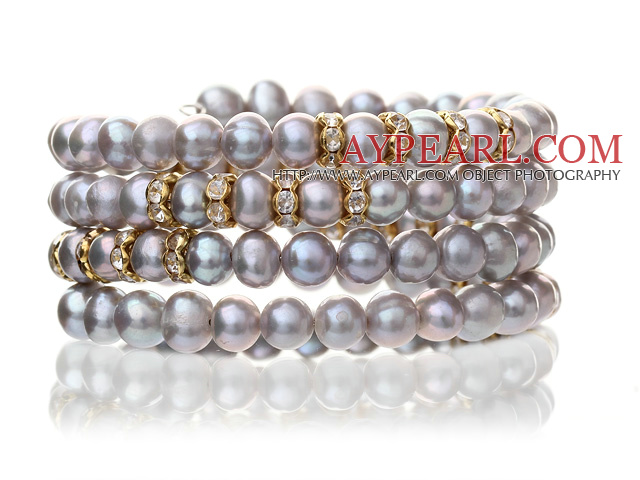 Pretty Multilayer Natural 5 - 6mm Silver Gray Sötvatten Pearl pärlstav Wrap armband med guld Rhinestone Charms