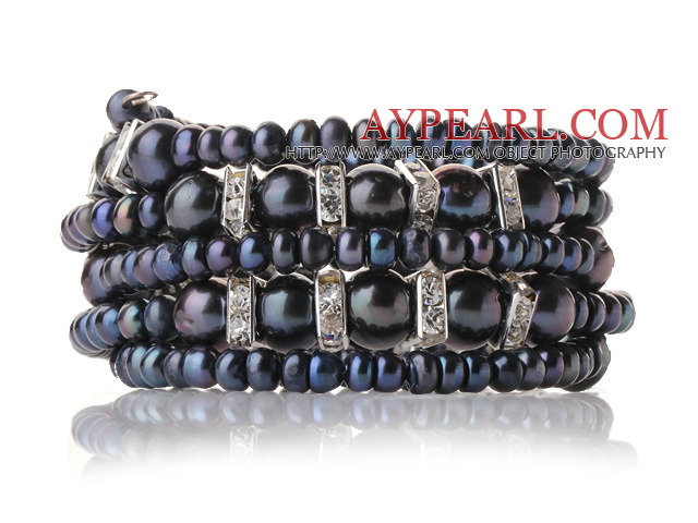 Pretty Multilayer Natural Mixed Size Black Freshwater Pearl Beaded Wrap Bracelet With Silver Rhinestone Charms
