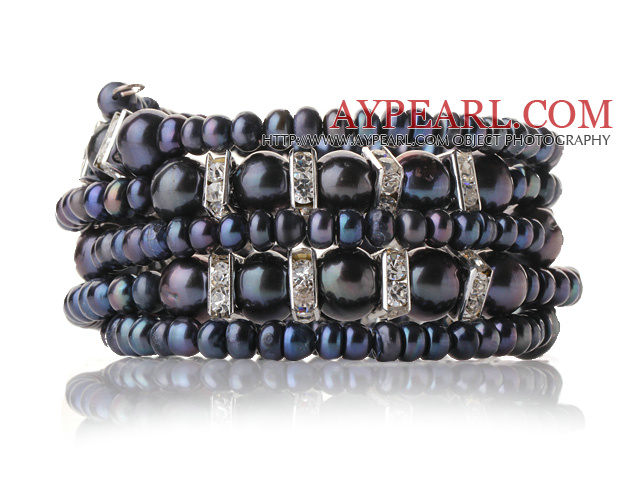 Nätt Multilayer Naturliga Blandade Storlek Svart Freshwater Pearl pärlstav Wrap armband med Silver Rhinestone Charms