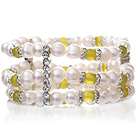 Pretty Three-Row Natural 6-7mm White Freshwater Pearl And Korea Jade Elastic Bracelet With Silver Rhinestone Charms