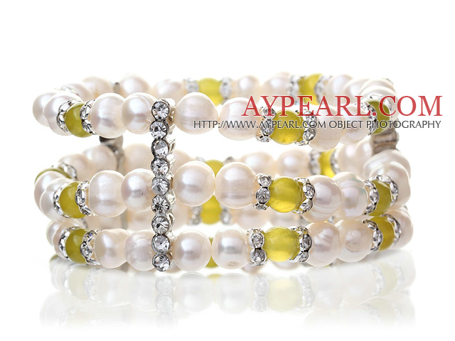 Pretty Three-Row Natural 6-7mm White Freshwater Pearl And Korea Jade Elastic Bracelet With Silver Rhinestone Charms
