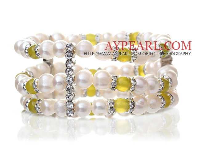 Jolie trois rangées naturel 6-7mm blanc perle d'eau douce et Jade Corée bracelet élastique avec de l'argent de charmes de Rhinestone