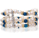 Jolie trois rangées naturel 6-7mm blanc perle d'eau douce et ronde agate bleue bracelet élastique or et d'argent charmes de Rhinestone