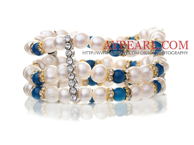 Pretty Three-Row Natural 6-7mm White Freshwater Pearl And Round Blue Agate Elastic Bracelet With Gold And Silver Rhinestone Charms