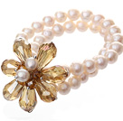 Fashion Double Strands Natural White Ferskvann Pearl og fasettert Gul Teardrop Crystal Flower Bangle Bracelet