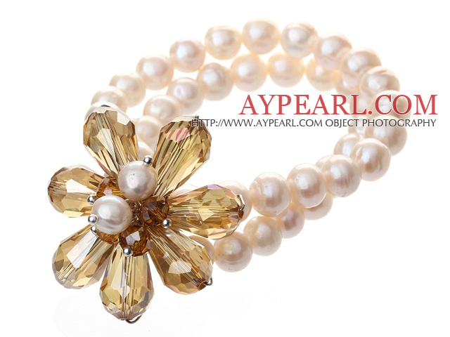 Fashion Dubbel Strands Natural White Freshwater Pearl och Fasett Gul Teardrop Crystal Flower Bangle Armband
