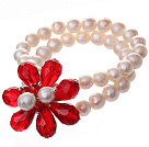 Fashion Double Strands Natural White Ferskvann Pearl og fasettert Red Teardrop Crystal Flower Bangle Bracelet