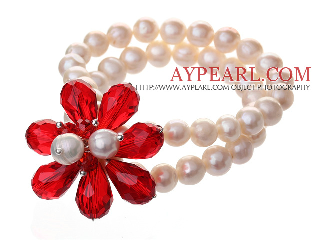 Fashion Double Strands Natural White Freshwater Pearl And Faceted Red Teardrop Crystal Flower Bangle Bracelet