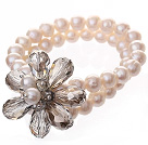 Fashion Double Strands Natural White Freshwater Pearl And Faceted Gray Teardrop Crystal Flower Bangle Bracelet