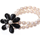 Fashion Double Strands Natural White Freshwater Pearl And Faceted Black Teardrop Crystal Flower Bangle Bracelet