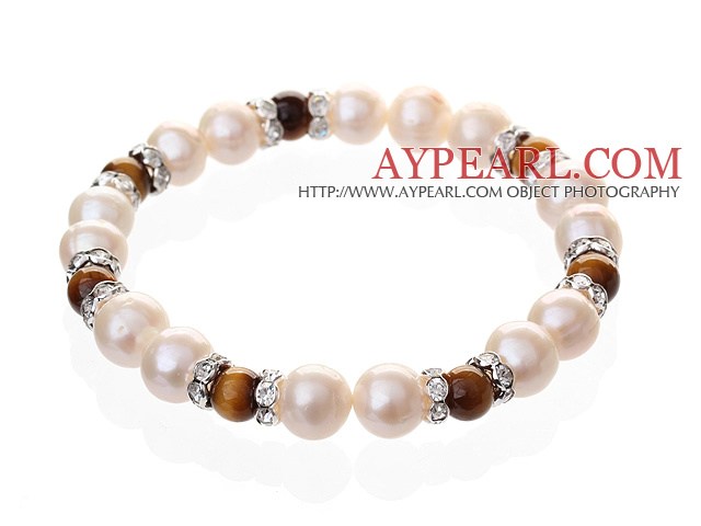 Fashion Natural White Freshwater Pearl And Round Tiger Eye Beaded Elastic Bracelet With Silver Rhinestone Charms