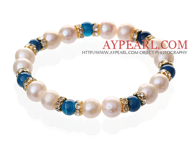 Fashion Natural White Freshwater Pearl And Round Blue Agate Beaded Elastic Bracelet With Gold Rhinestone Charms