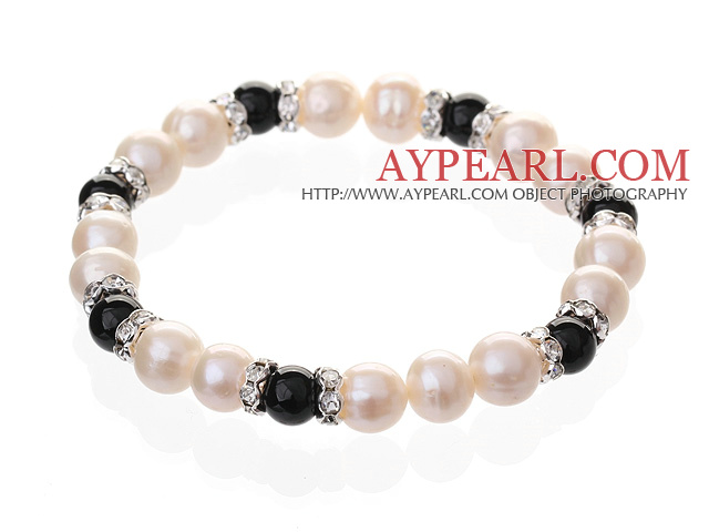 Fashion Natural White Freshwater Pearl And Round Black Agate Beaded Elastic Bracelet With Silver Rhinestone Charms