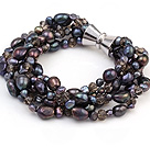 Fashion Multi Strands Natural Black Freshwater And Smoky Crystal Beads Bracelet With Magnetic Clasp