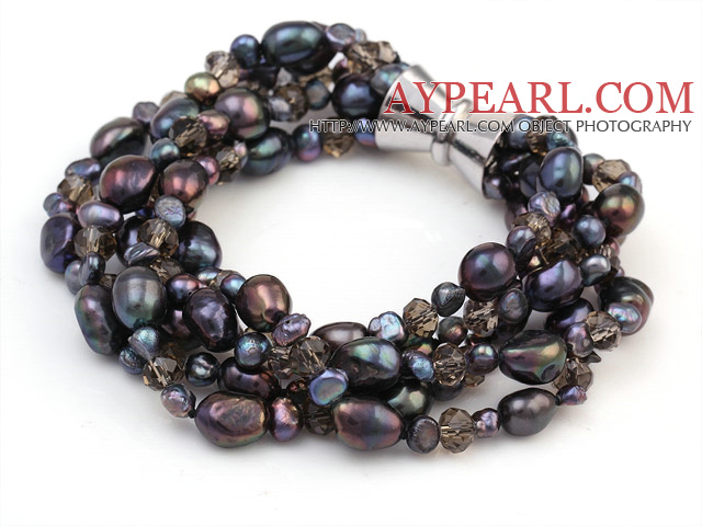 Fashion Multi Strands Natural Black Freshwater And Smoky Crystal Beads Bracelet With Magnetic Clasp
