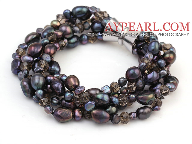 Fashion Multi Strands Natural Svart Ferskvann Og Smoky Crystal perler armbånd med magnetisk lås