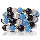 Fashion Multilayer Natural White Freshwater Pearl And Round Blue Purple Agate Wrap Bangle Bracelet