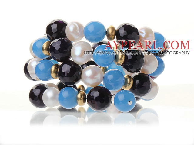 Fashion Multilayer Natural White Ferskvann Pearl And Round Blå Purple Agate Wrap Bangle Bracelet