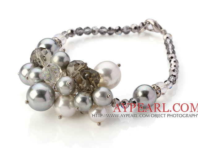 Nice Cluster White And Gray Seashell Pearl And Manmade Crystal Bracelet With Lobster Clasp