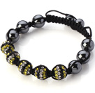 Fashion Mixed White Yellow Black Rhinestone Ball And Tungsten Steel Black Drawstring Bracelet