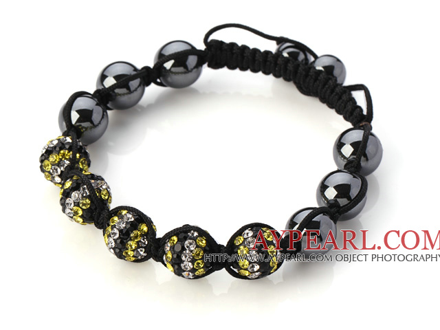 Mode Mixte Blanc Jaune boule strass noir et d'acier de tungstène noir cordon bracelet