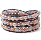 Fashion Multilayer Natural White rosa og lilla ferskvannsperle svart skinn Wrap Bracelet