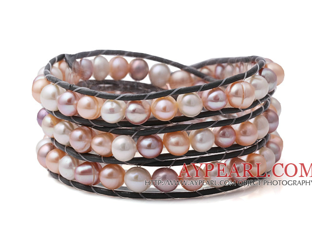 Fashion Multilayer Natural White Pink And Purple Freshwater Pearl Black Leather Wrap Bracelet