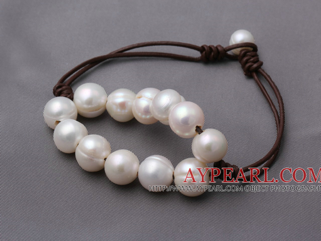 Popular Natural 10-11mm Layer White Freshwater Pearl And Brown Leather Bracelet