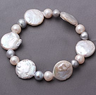 Fashion Natural 7-8mm White And Gray Freshwater Button Pearl Stretch Bracelet