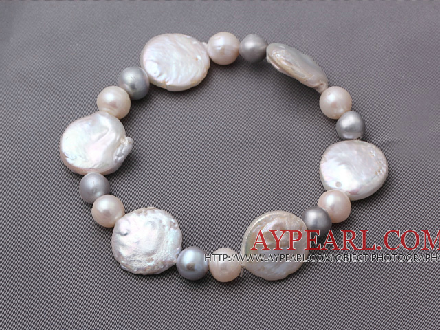 Muoti Natural 7 - 8mm valkoinen ja harmaa makeanveden Button Pearl venyttää rannerengas