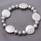 Fashion Natural 7-8mm Gray Freshwater And White Button Pearl Stretch Bracelet