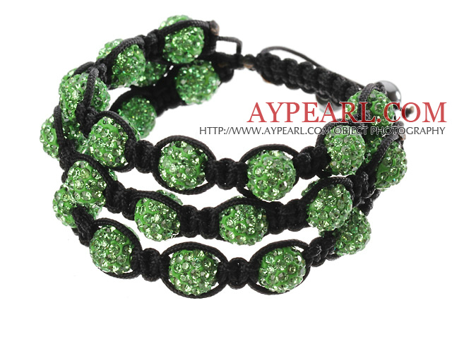 Popular Multilayer Green Round Polymer Clay Rhinestone And Braided Black Drawstring Bracelet