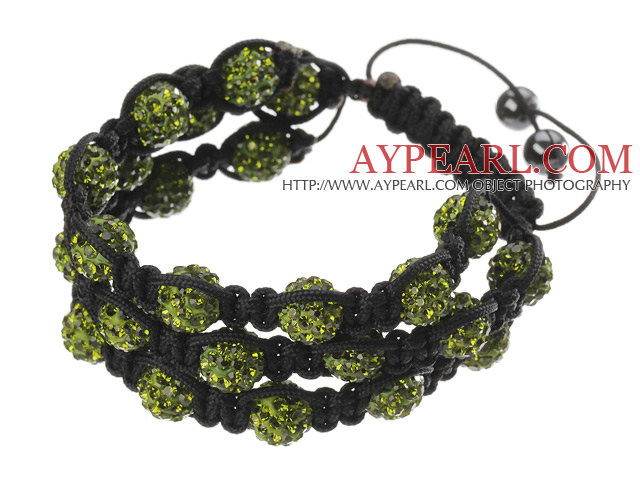 Popular Multilayer Yellow Olive Round Polymer Clay Rhinestone And Braided Black Drawstring Bracelet