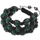 Wholesale Popular Multilayer Blackish Green Round Polymer Clay Rhinestone And Braided Black Drawstring Bracelet